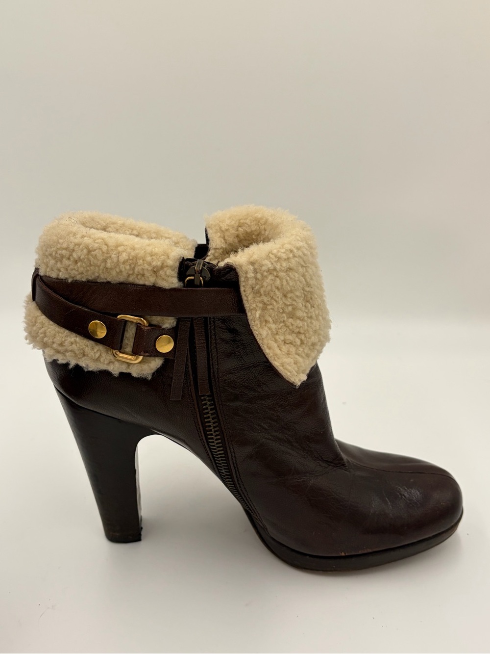 Miu Miu Brown Leather Shearling-Cuff Ankle Boots Bootie Size 39 Heels